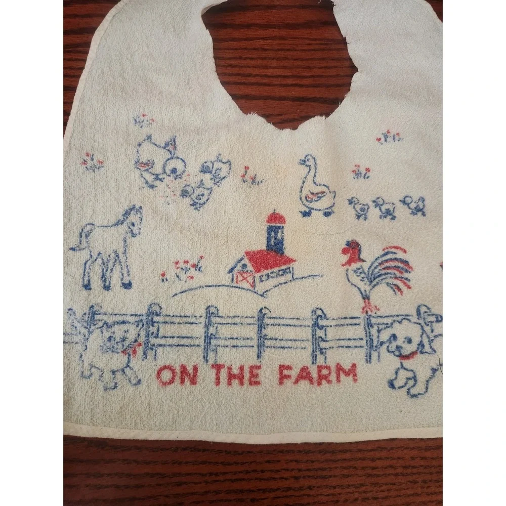 Vintage On The Farm Baby Bib Kitchy Barn Cat Dog‎ Chicken Duck Horse 70s